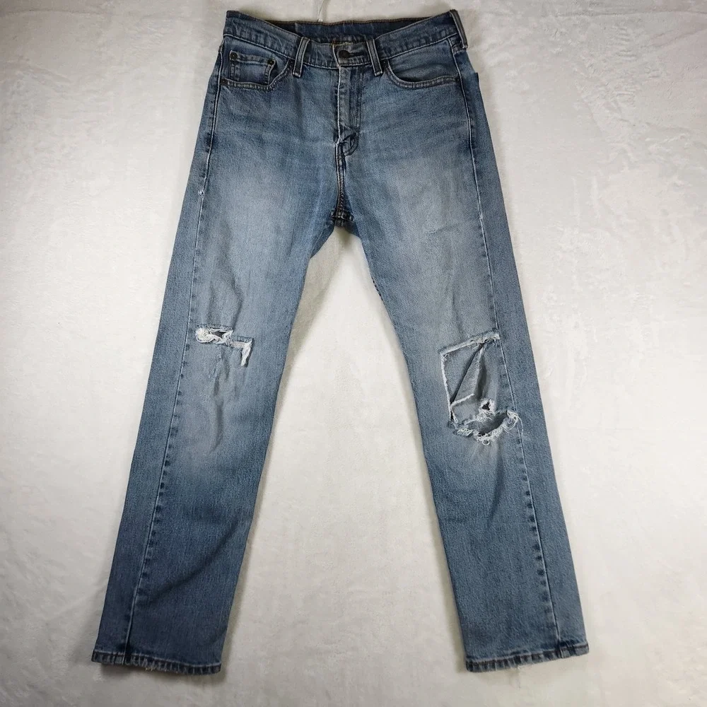 Vtg Levi's 505 Regular Fit Jeans 30x30 Distressed Knee Rips Light Wash